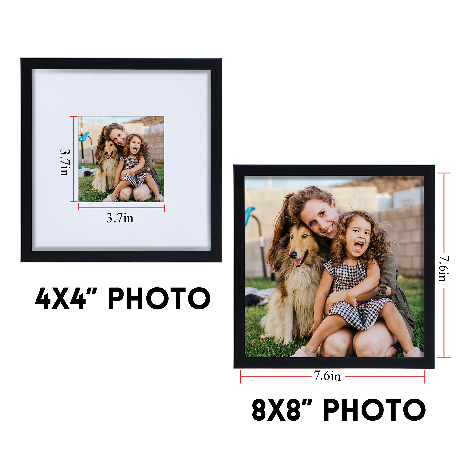 7 Pack Black Picture Frames 8x8 Without Mat or Photo Frame 4x4 with Mat, Classic 8 by 8 Photo Frame for Wall Mount or Tabletop, Size: 4x4 with Mat or